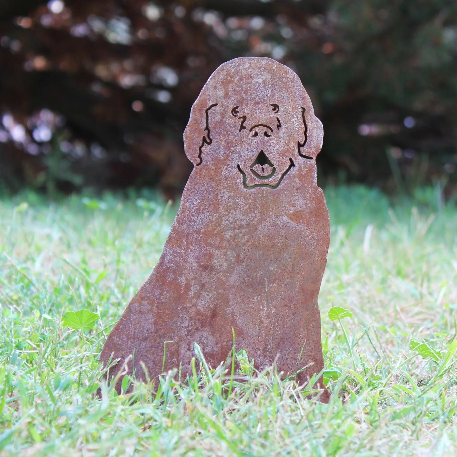 Rusty Corten steel silhouette of a Newfoundland dog in a grassy outdoor space, showcasing its distinctive features.