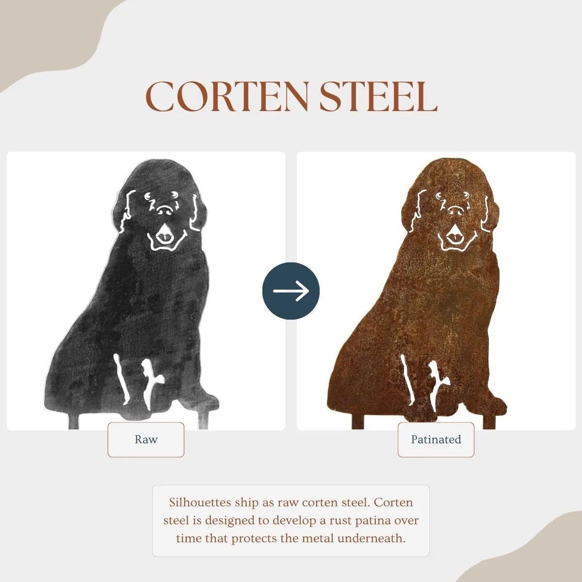 Newfoundland dog silhouette in black on the left, rusted patina on the right, showcasing Corten steel variations.