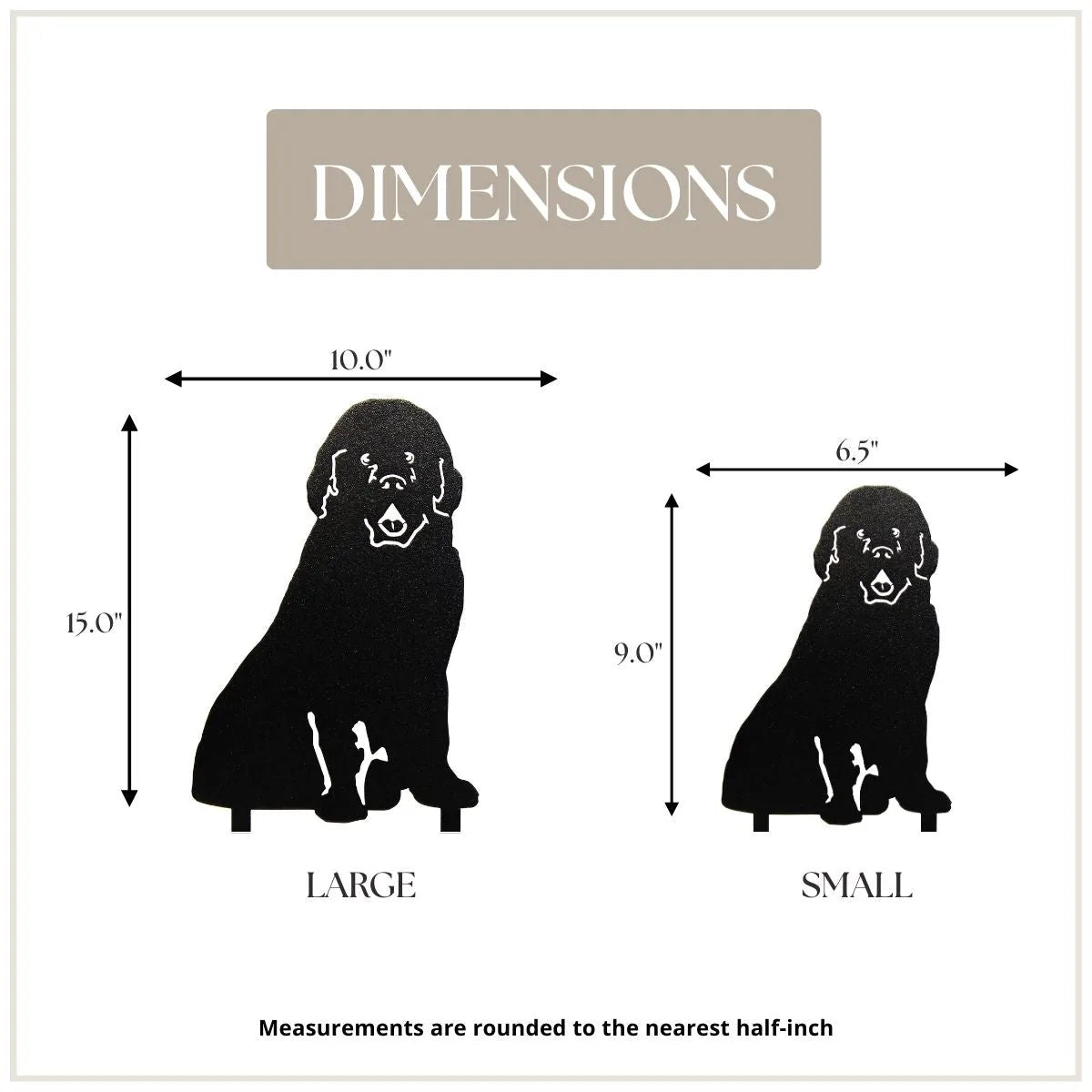 Newfoundland dog silhouette in matte black, displaying dimensions for large (15" x 10") and small (9" x 6.5") sizes.