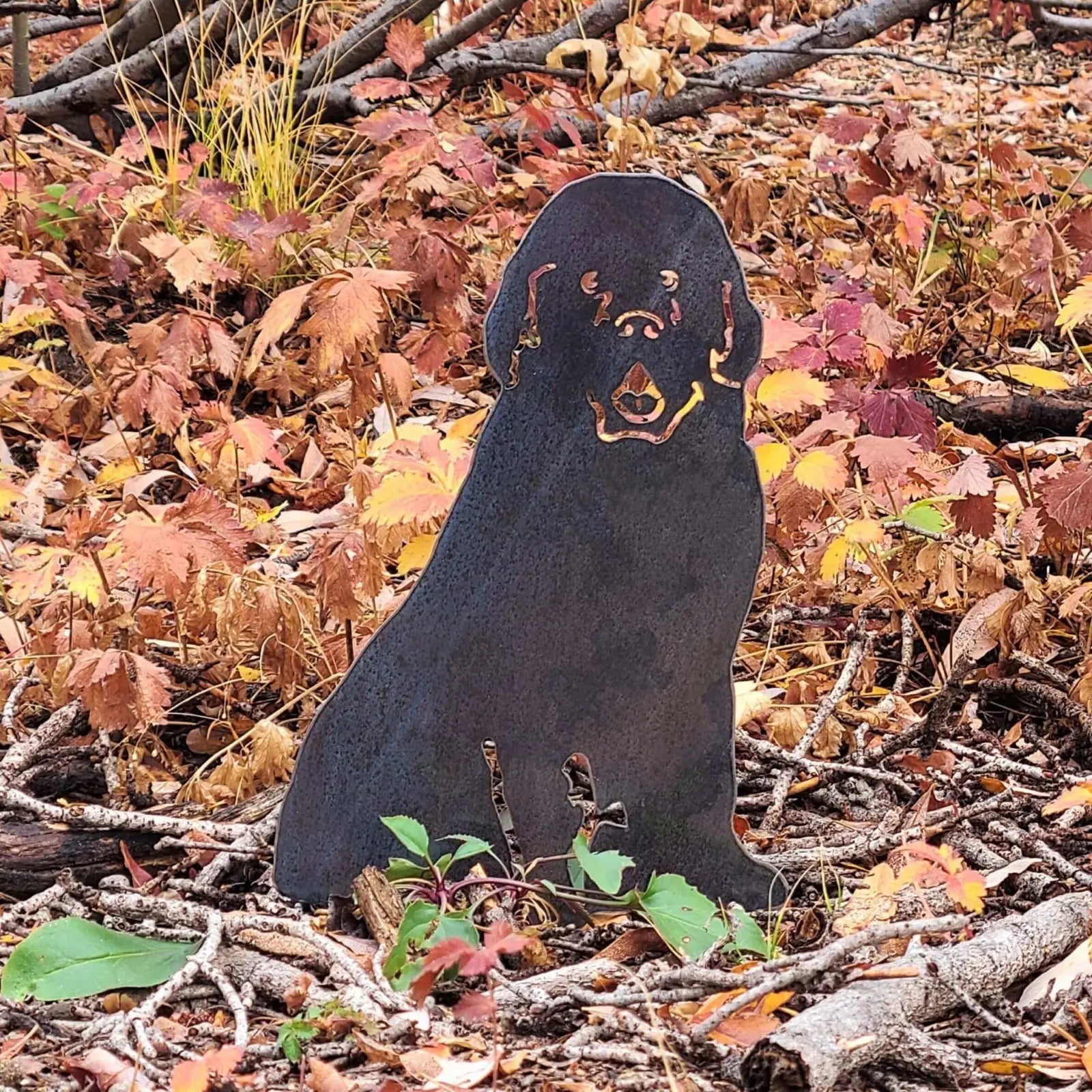 Newfoundland dog silhouette in weathered steel, set against colorful autumn leaves and branches.
