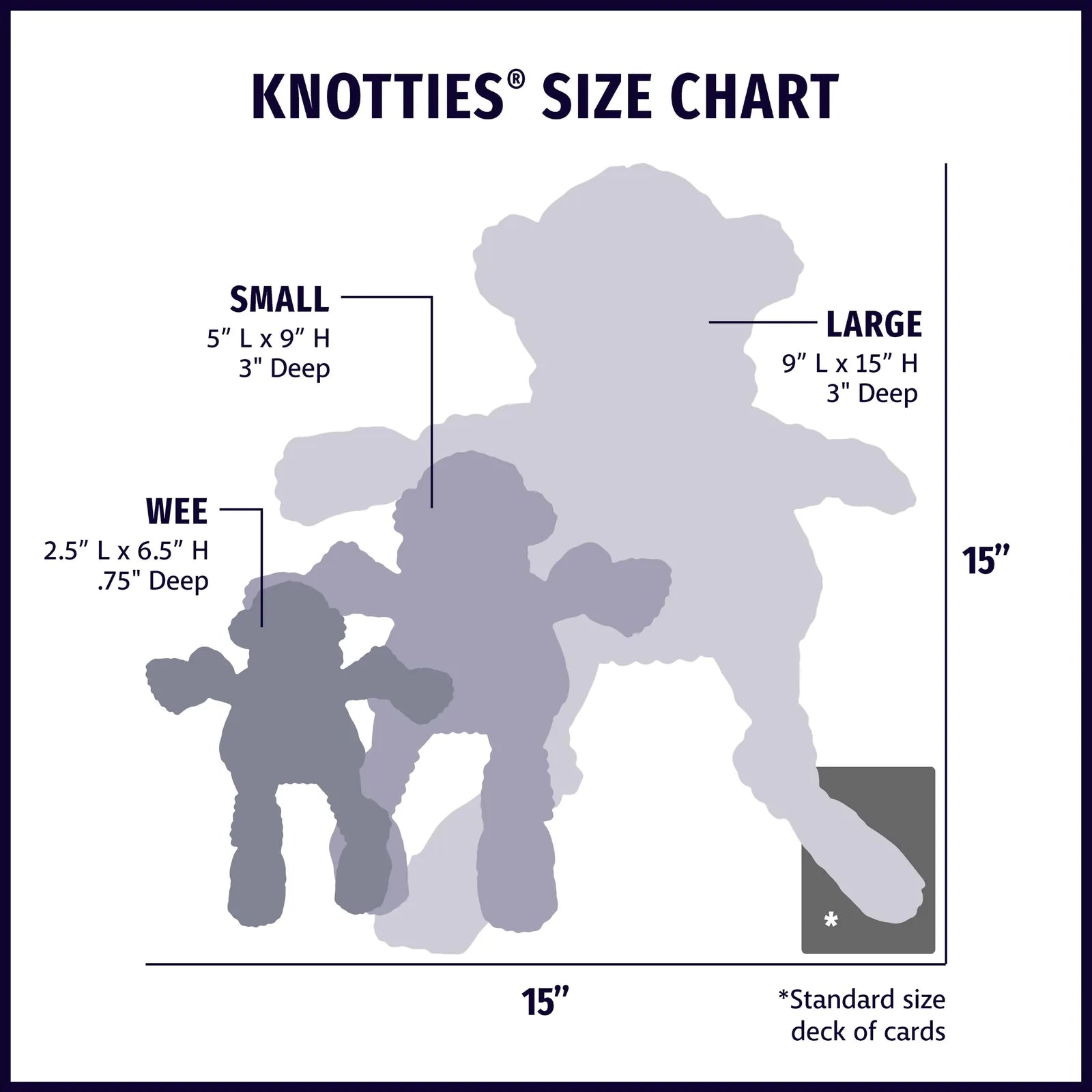 Knottie size chart showing small, wee, and large plush dog toys, with dimensions for each size and a standard size deck of...