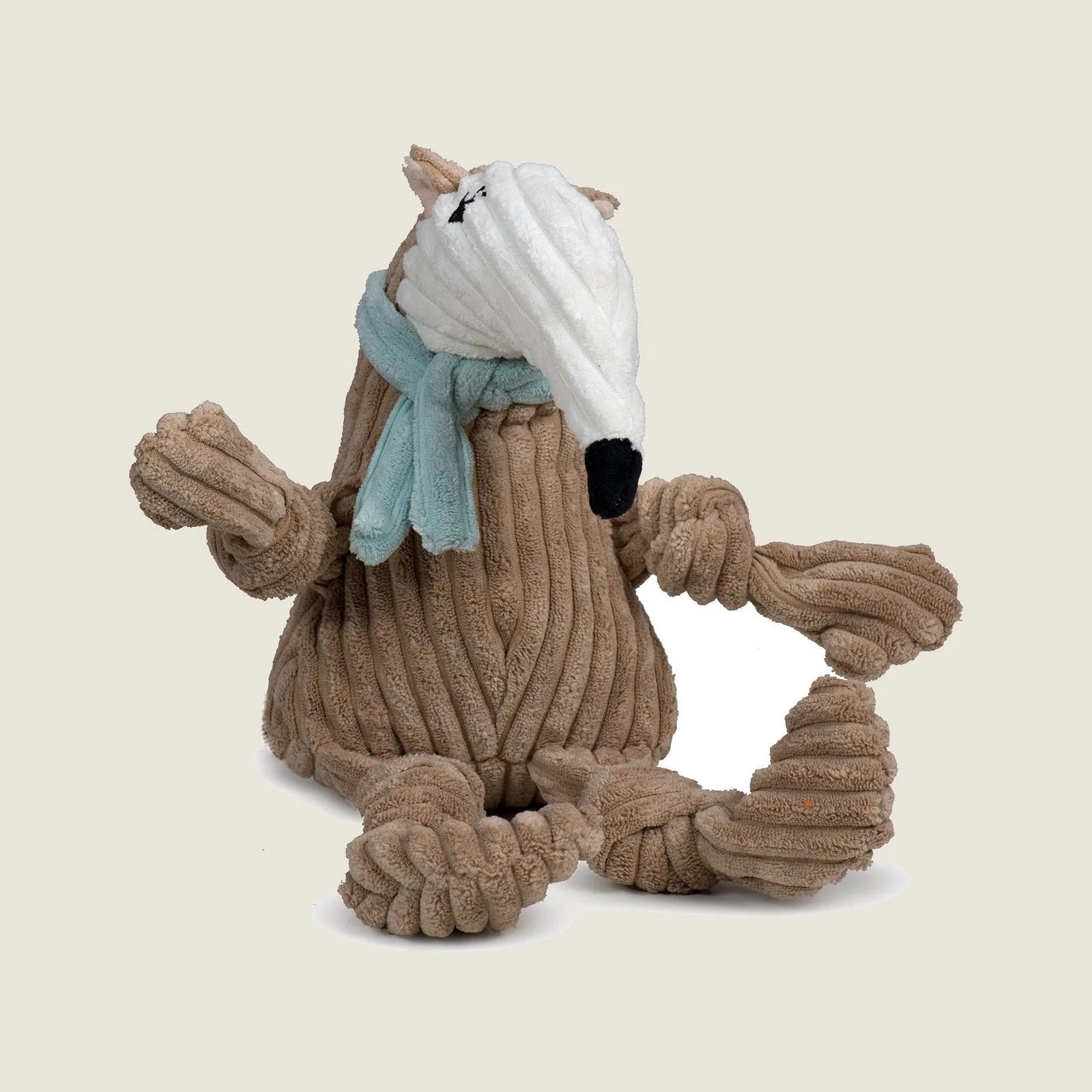 Plush brown anteater toy with knotted limbs, a long white snout, and a light blue scarf, perfect for interactive play.