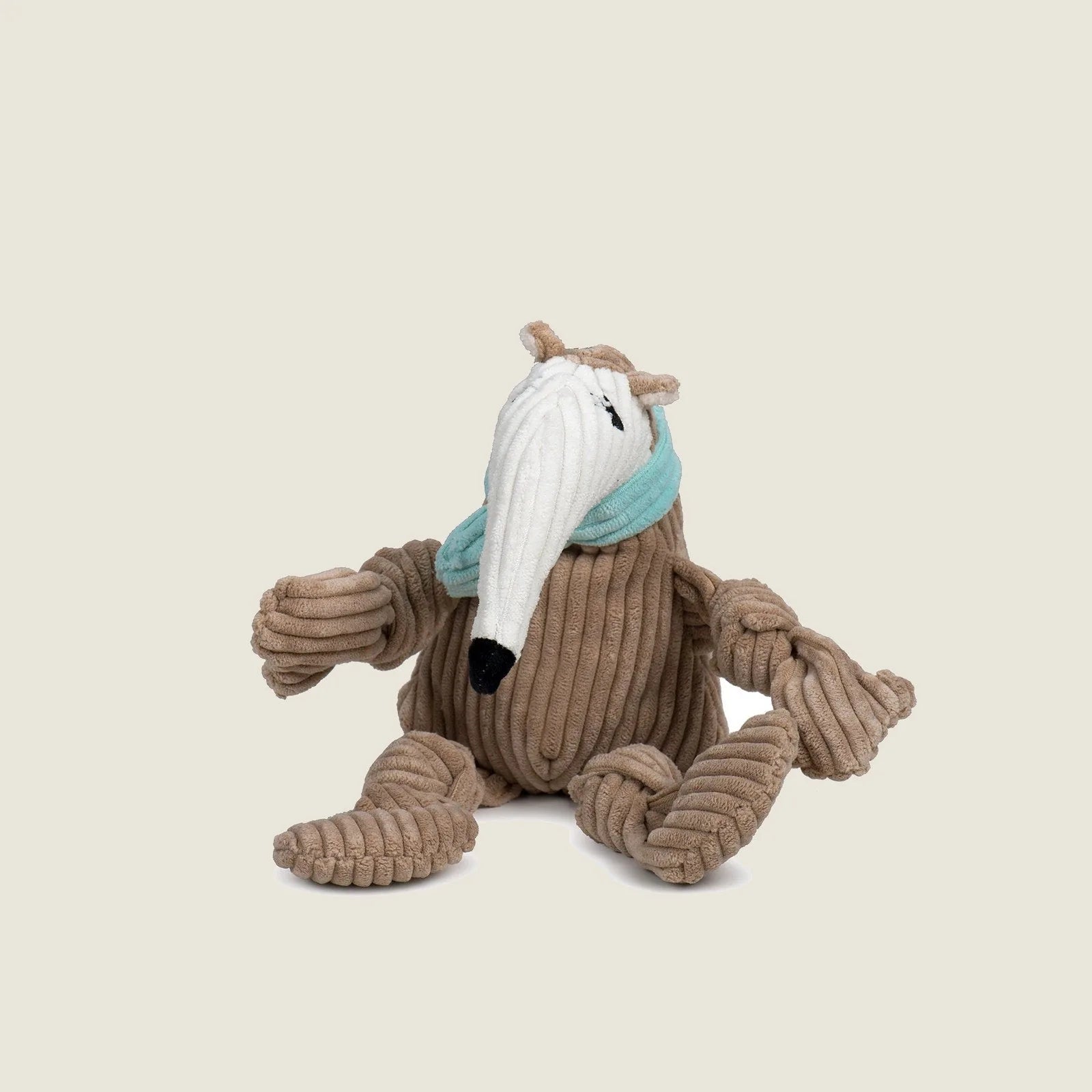 Nibblet Anteater Knottie® plush dog toy in brown with a long white nose and knotted limbs, perfect for interactive play.