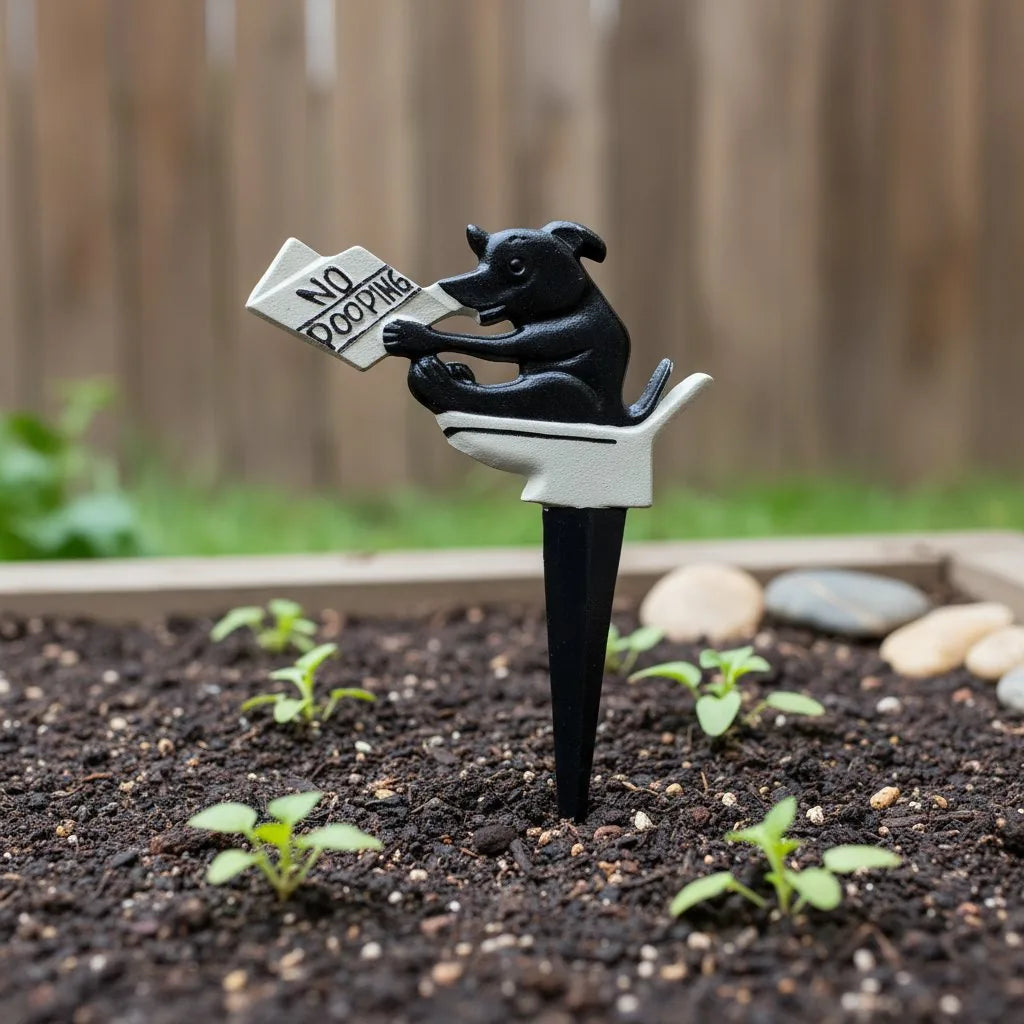 Humorous black dog holding a "No Pooping" sign on a cast iron stake, set in rich garden soil with small seedlings.