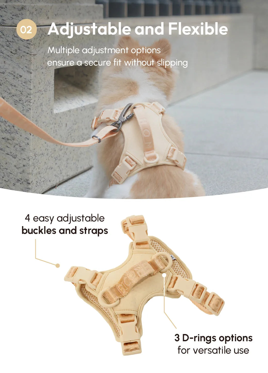 Apricot dog harness showing adjustable buckles, dual D-rings, and a comfortable, breathable design for walks.