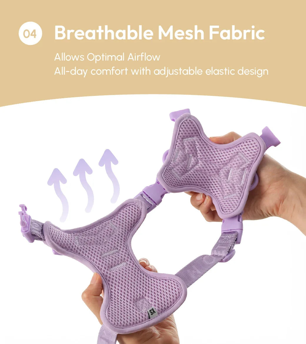 Breathable purple mesh dog harness with adjustable design for comfort and optimal airflow during walks.