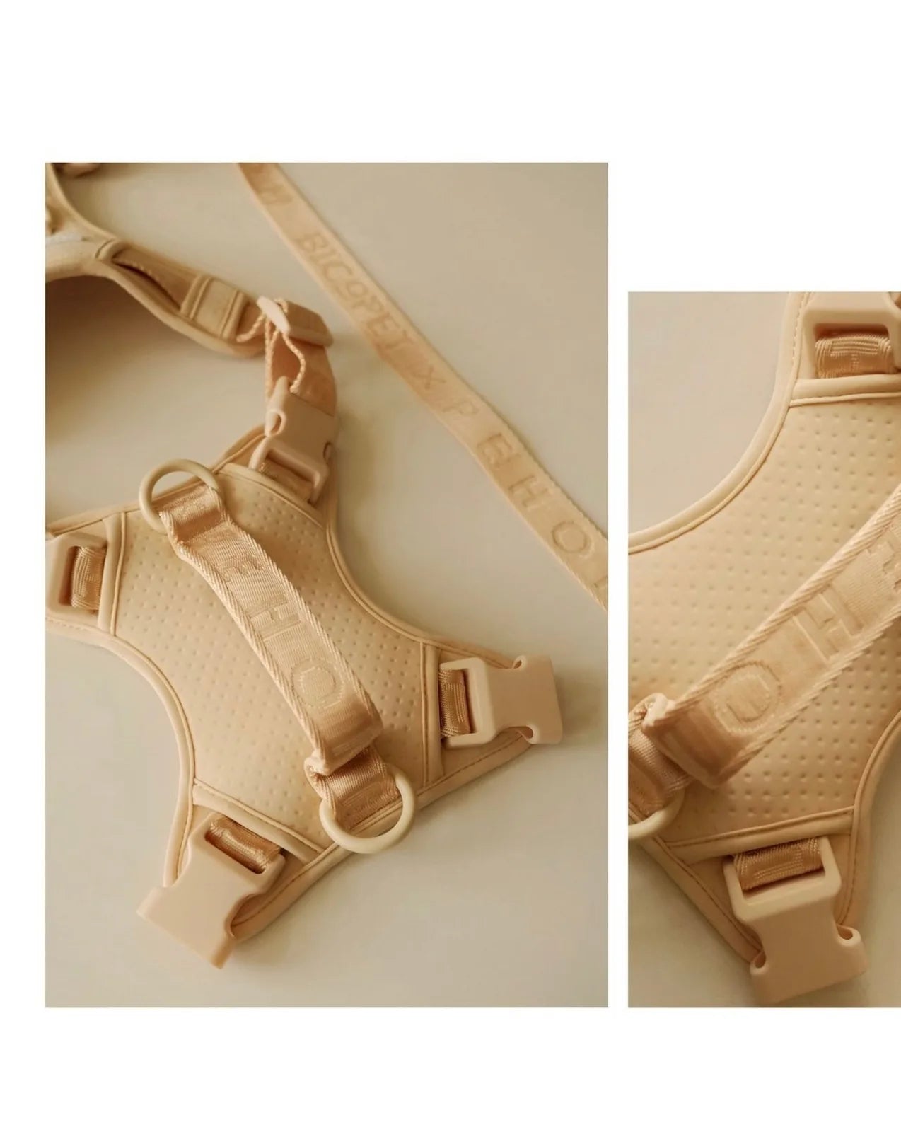 Apricot dog harness featuring adjustable straps, durable buckles, and a reinforced handle for added control during walks.