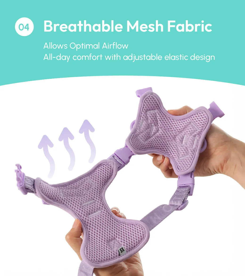 Mint green dog harness featuring breathable mesh fabric and adjustable straps for comfort and airflow.