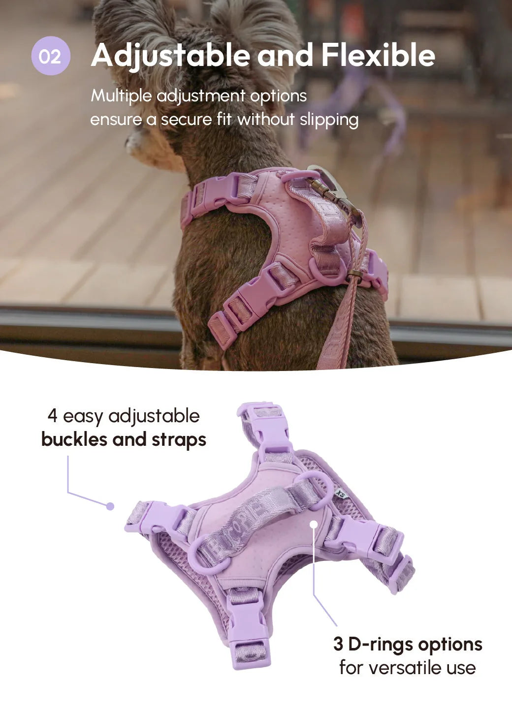 Mint purple dog harness with adjustable straps and buckles, designed for comfort and control during walks.