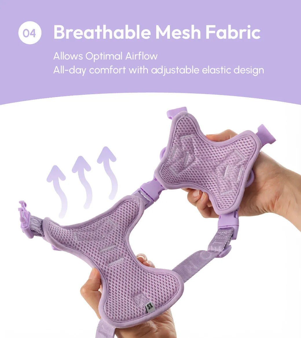 Mint purple breathable mesh dog harness featuring adjustable elastic design for optimal airflow and comfort.