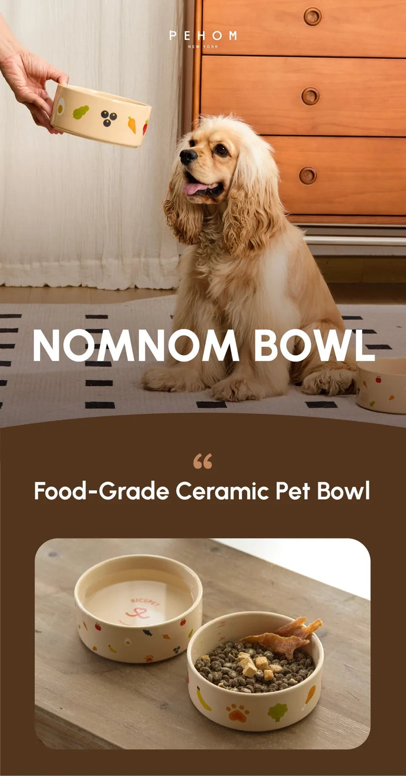 Nomnom Bowl in cream ceramic, featuring colorful fruit and paw prints, perfect for pet feeding. Non-slip and dishwasher safe.