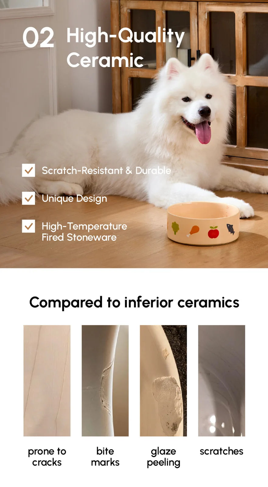 Cream-colored ceramic pet bowl with colorful food-themed designs, showcasing durability and a non-slip base.