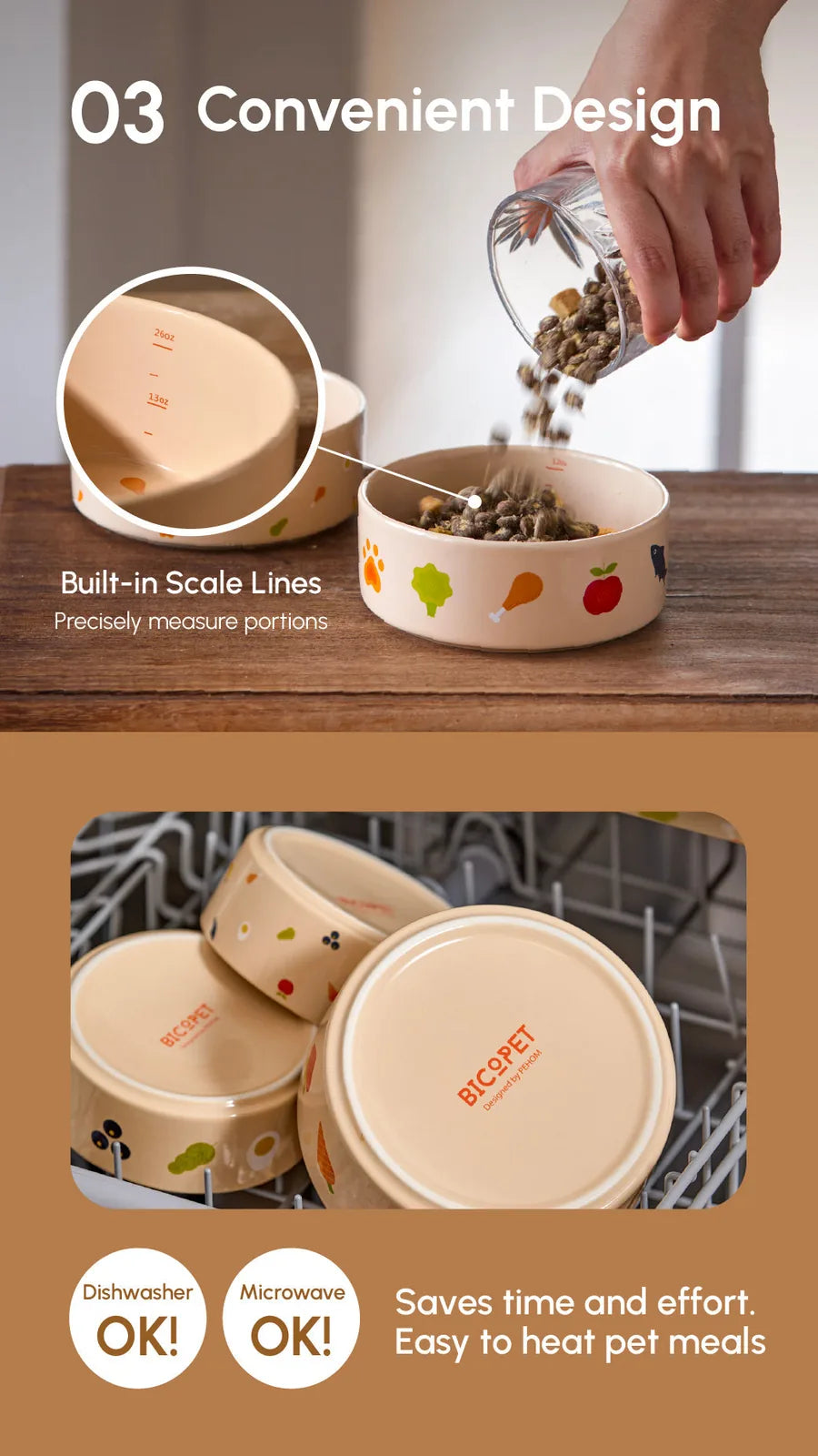Nomnom Bowl in beige ceramic with colorful pet-themed designs and built-in measurement lines, ideal for convenient feeding.