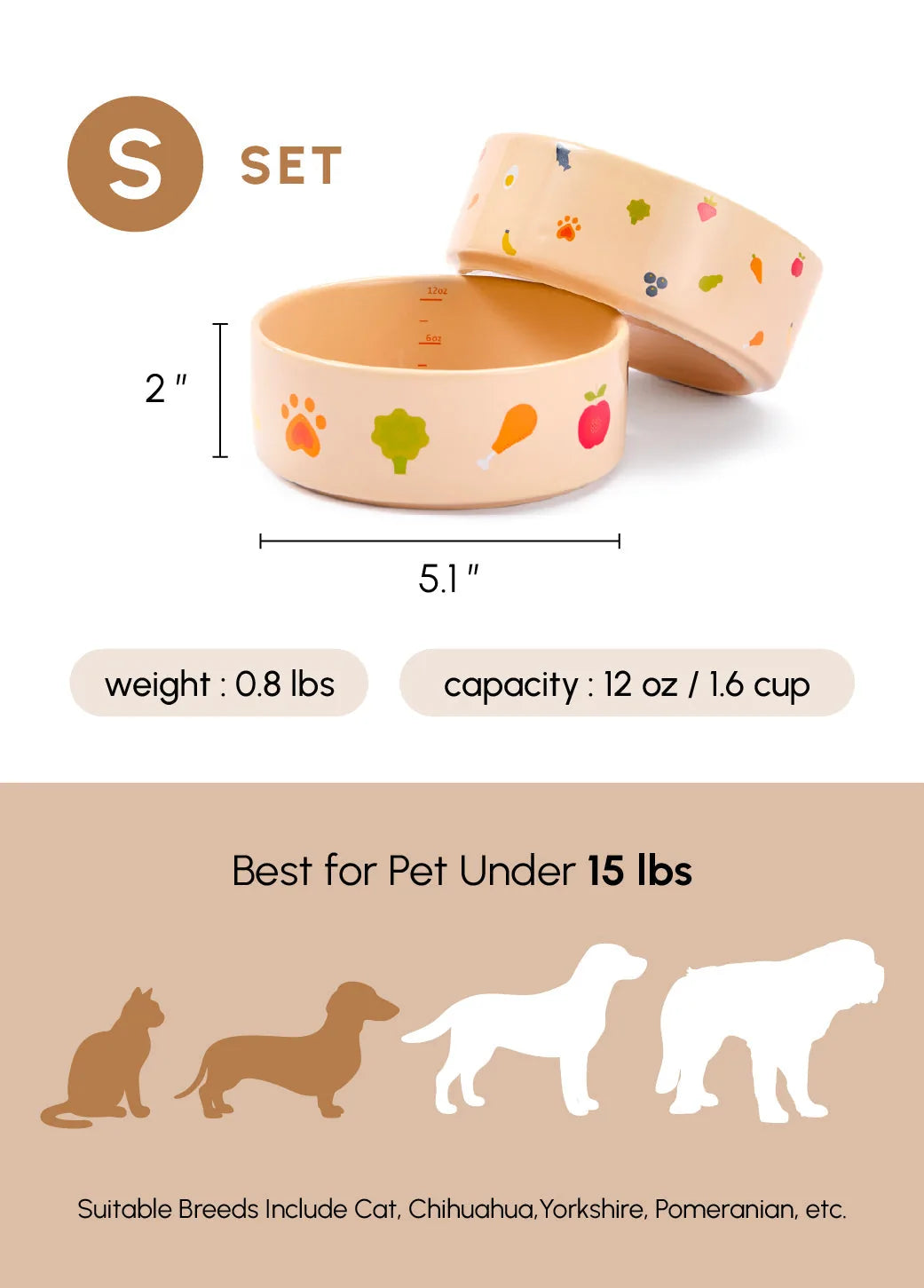 Light peach pet bowl set with colorful fruit and paw prints, made from food-grade ceramic, ideal for pets under 15 lbs.