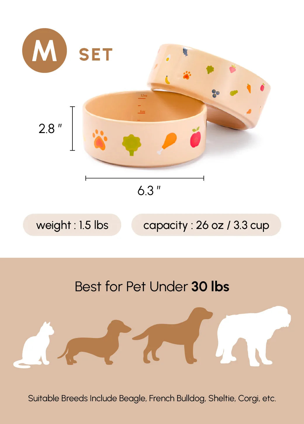 Peach-colored ceramic dog bowls set featuring playful food and paw prints, suitable for pets under 30 lbs.