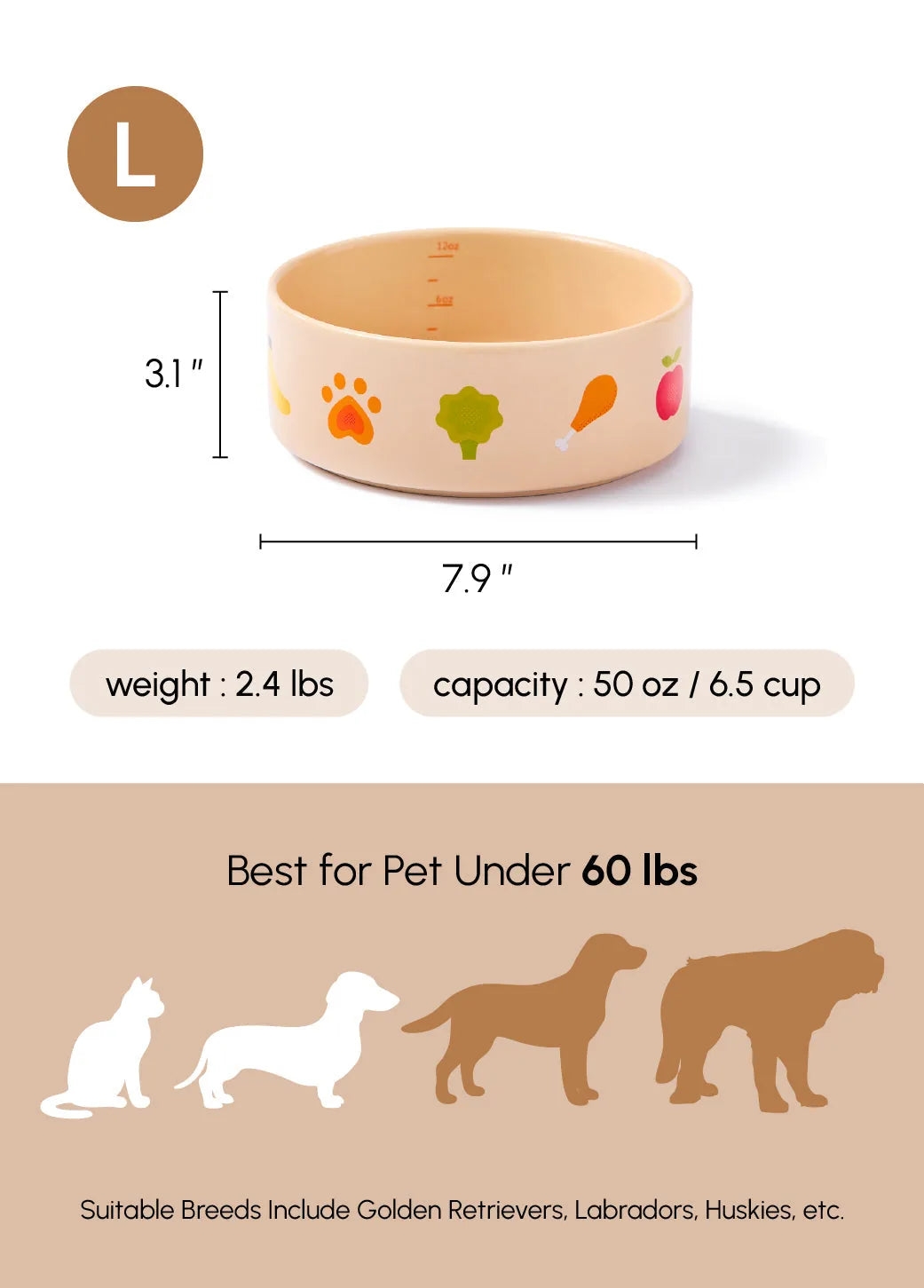 Large Nomnom Bowl in soft beige with playful food-themed prints, made from durable, food-grade ceramic for pets under 60 lbs.