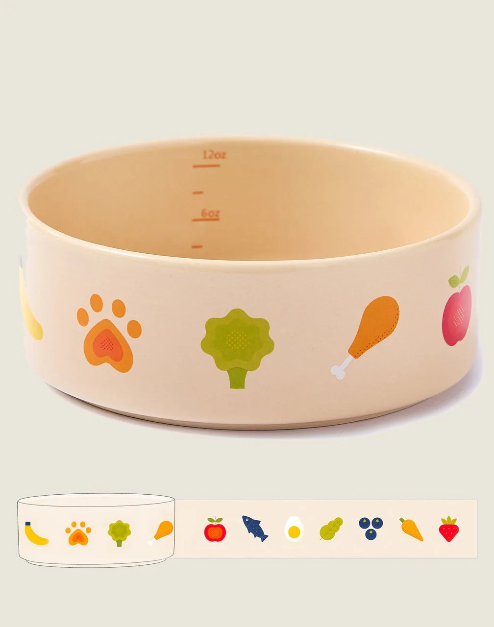 Cream-colored ceramic pet bowl featuring colorful food icons, measuring marks, and a non-slip base for stability.