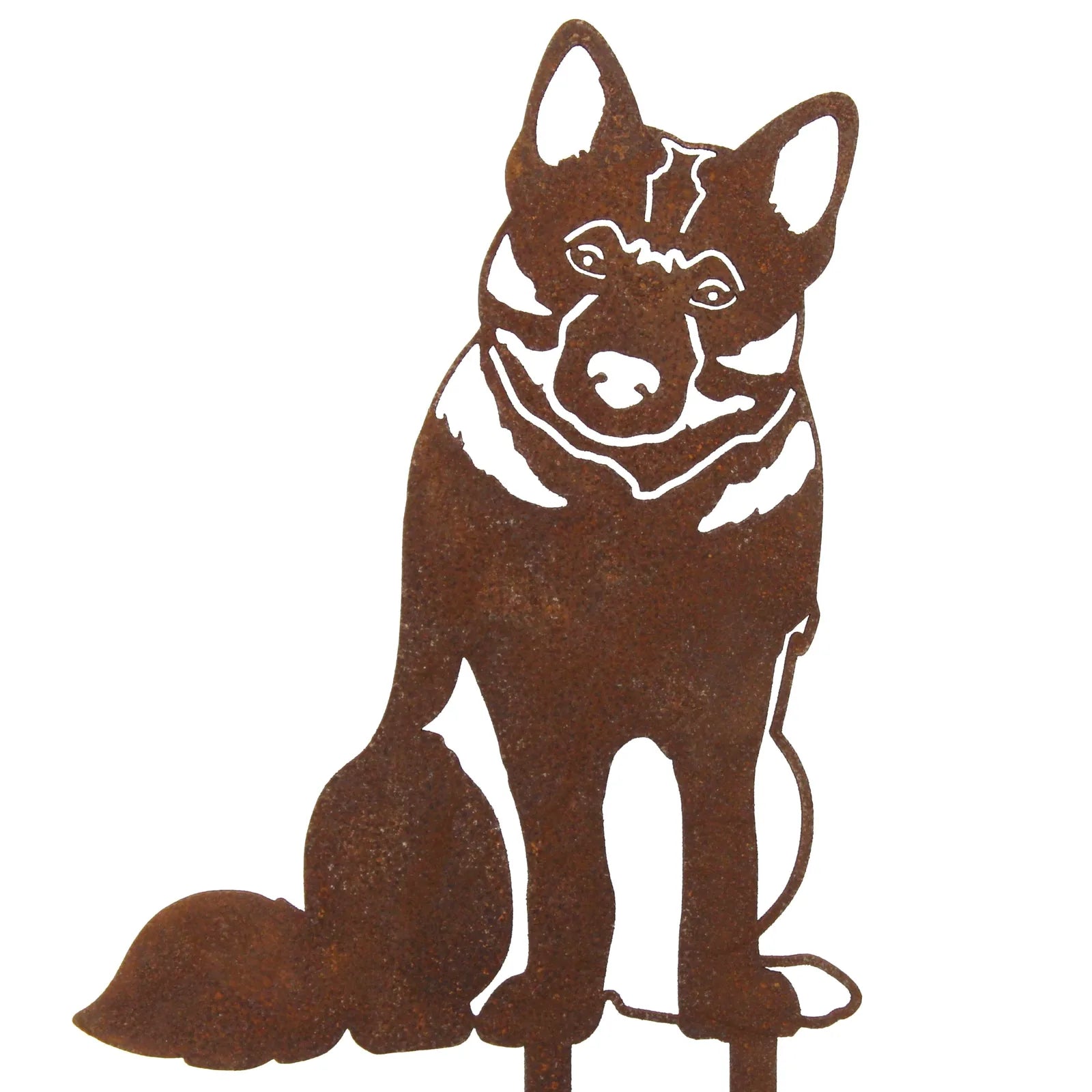 Rusty metal silhouette of a Norwegian Elkhound dog, showcasing detailed features and a sturdy base for outdoor display.