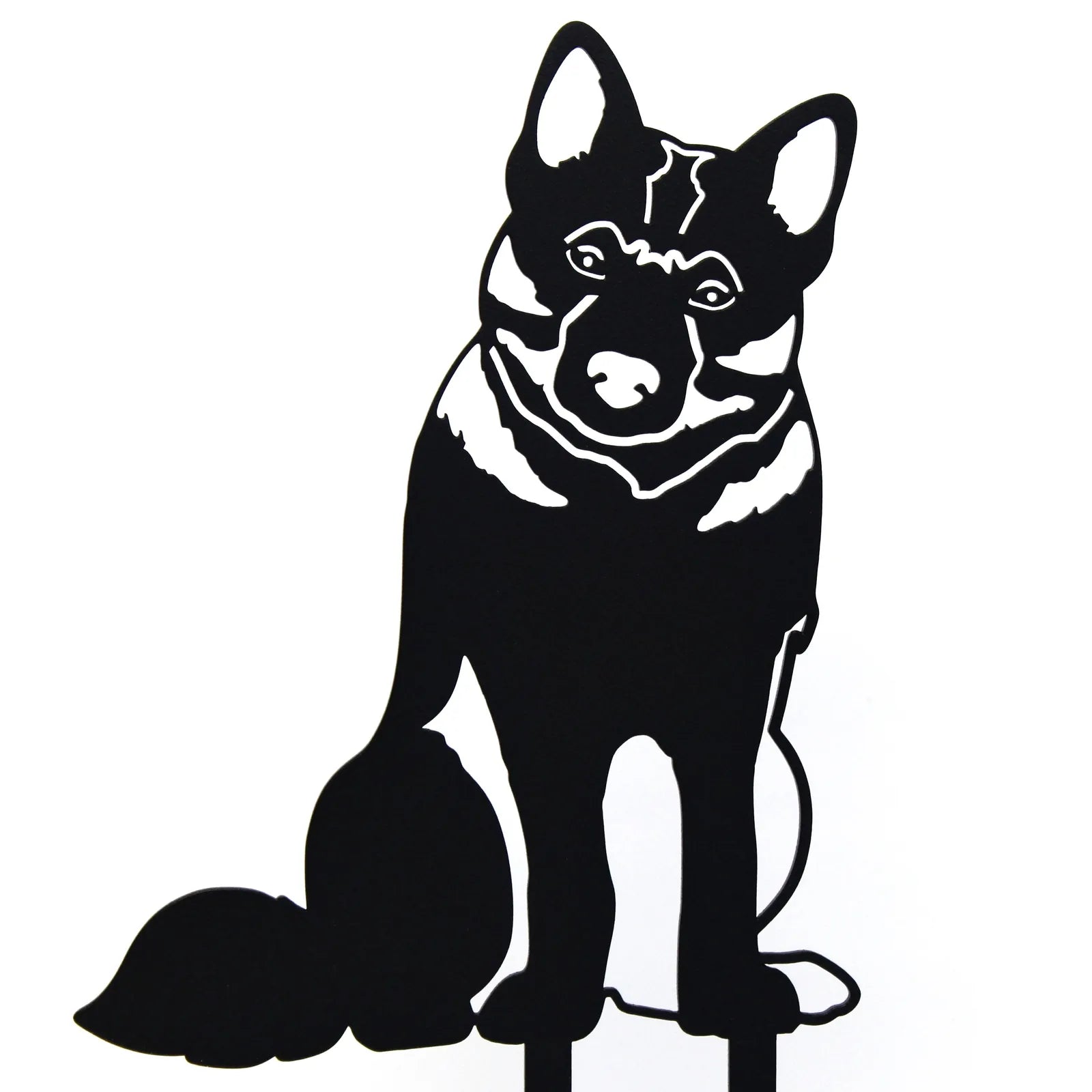 Black metal silhouette of a Norwegian Elkhound sitting, showcasing detailed features and sturdy design for outdoor decor.