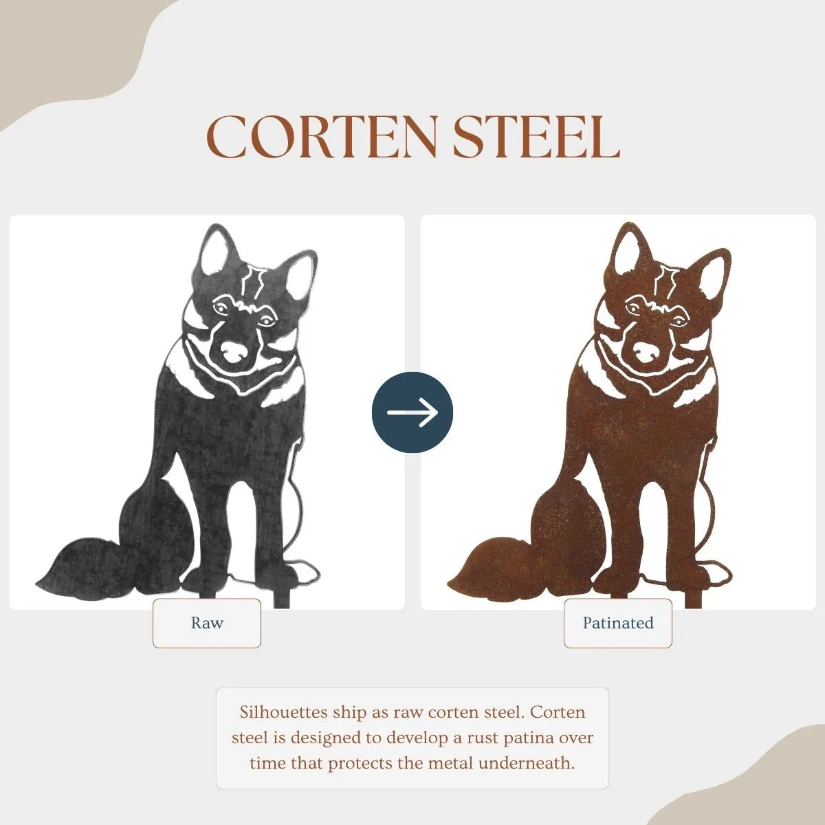 Norwegian Elkhound metal silhouette showing raw (black) and patinated (rust) finishes, highlighting Corten steel design.