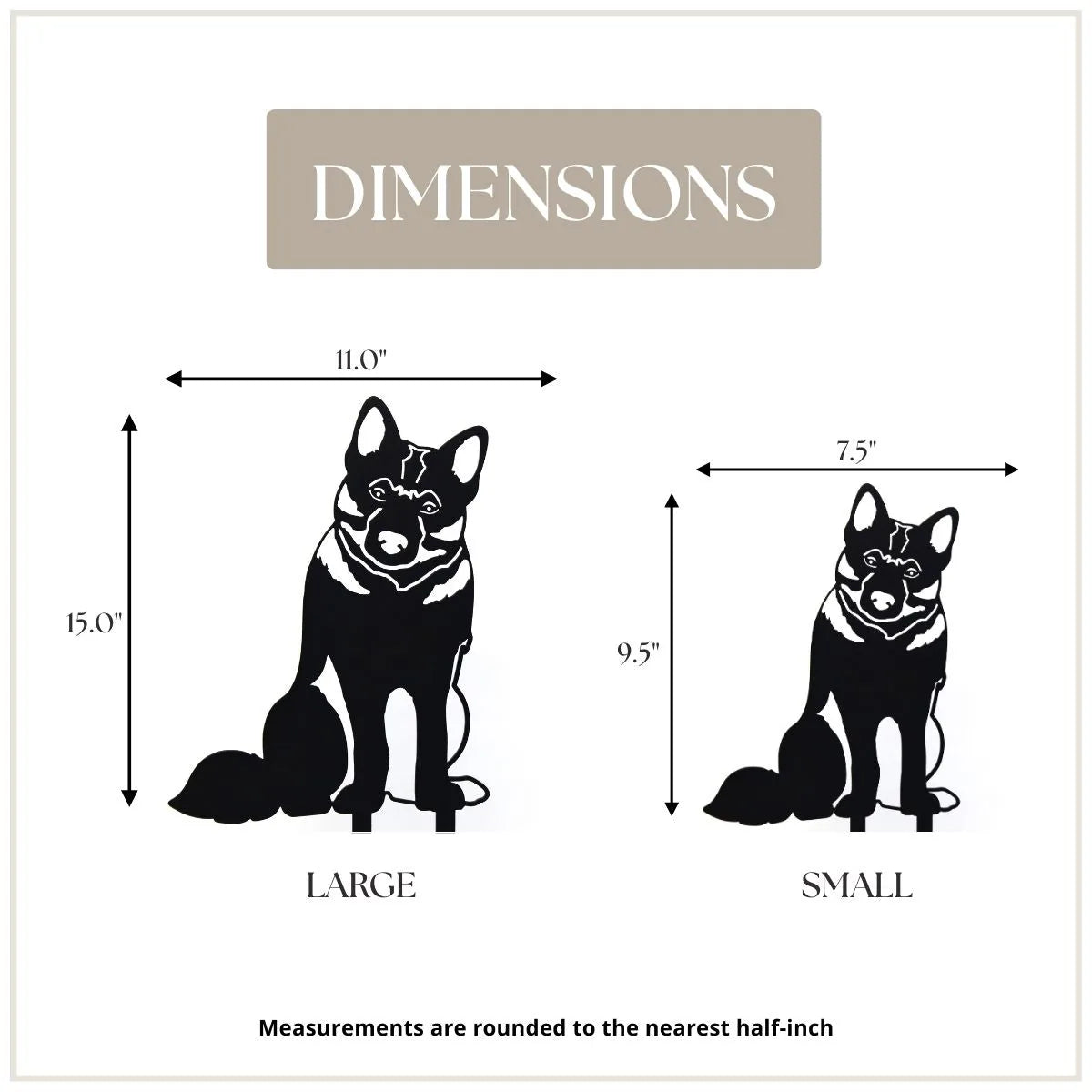 Norwegian Elkhound silhouette dimensions in black, featuring large (15") and small (9.5") sizes with outlined measurements.