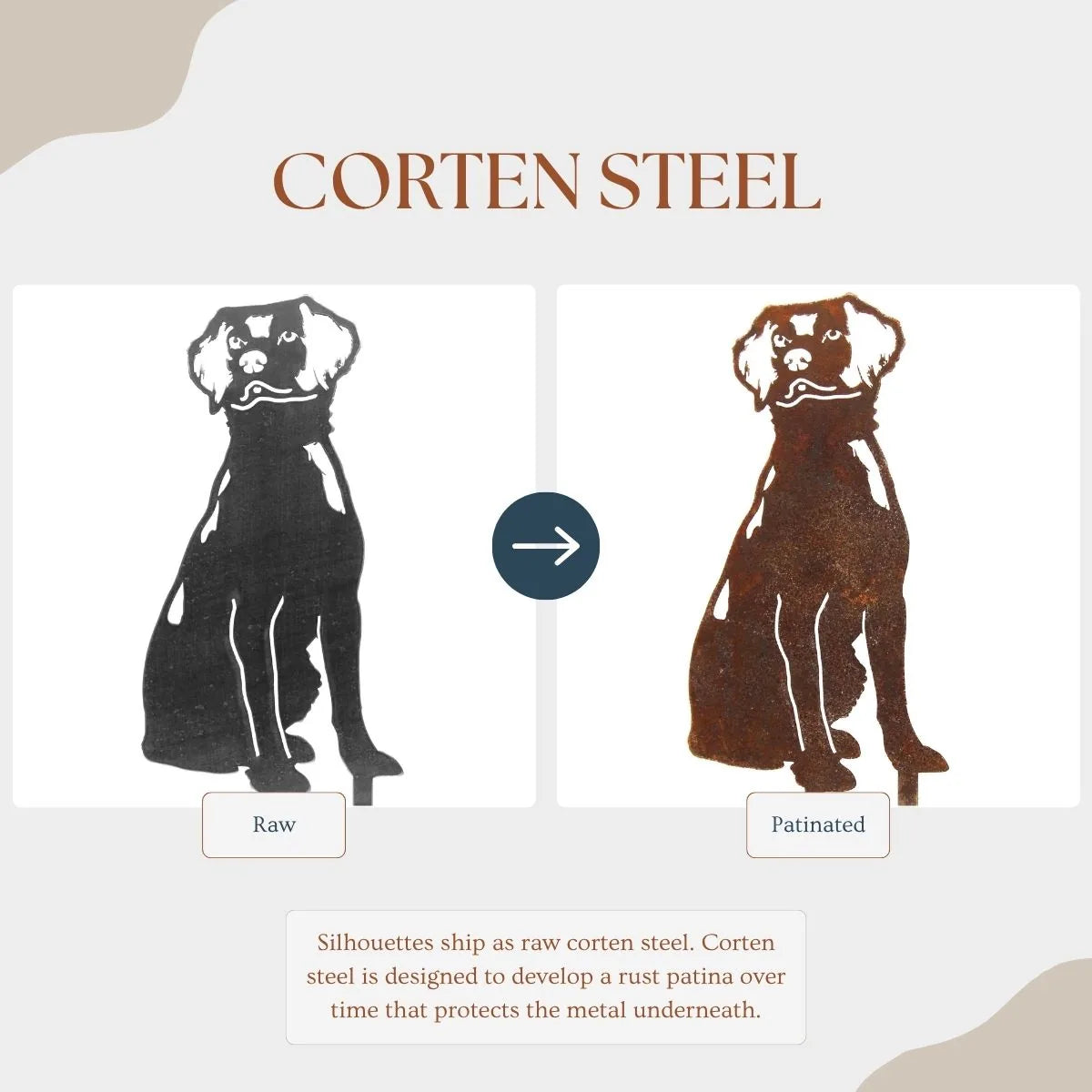 Nova Scotia Duck Tolling Retriever metal silhouette showing raw and patinated finishes in Corten steel.