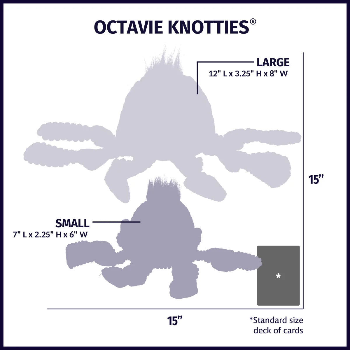 Size comparison chart for Octavie Knottie® Plush Dog Toy in Large (Sea Blue) and Small (Octo Green) with dimensions.