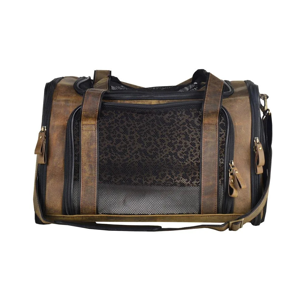 Sturdy dark brown leather dog bag with mesh panels, featuring a shoulder strap and zippers, ideal for small pets.