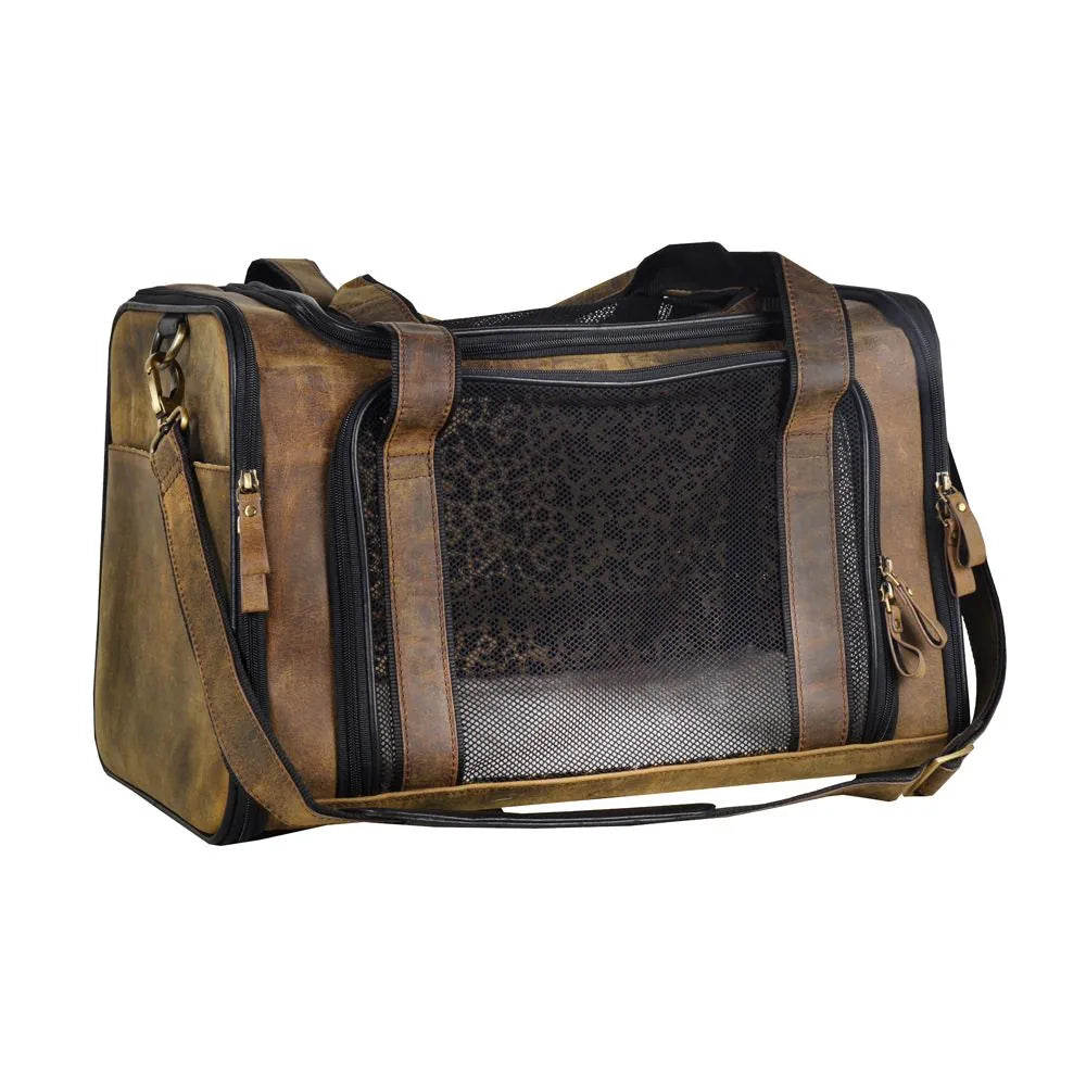 Stylish Odin Leather Dog Bag in dark brown and black with mesh sides, perfect for carrying small to medium pets.