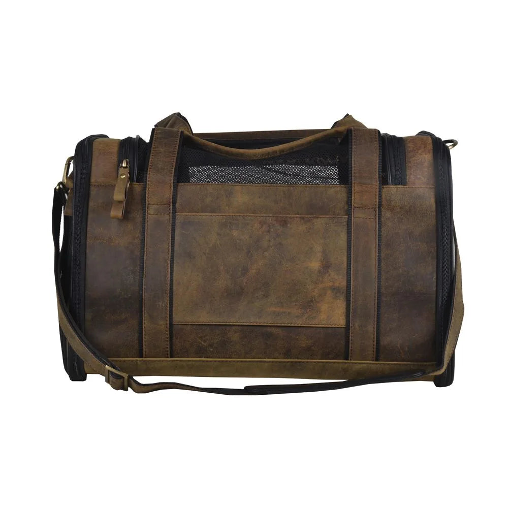 Stylish Odin Leather Dog Bag by Myra USA in dark brown, featuring a sturdy design with mesh panels for ventilation.