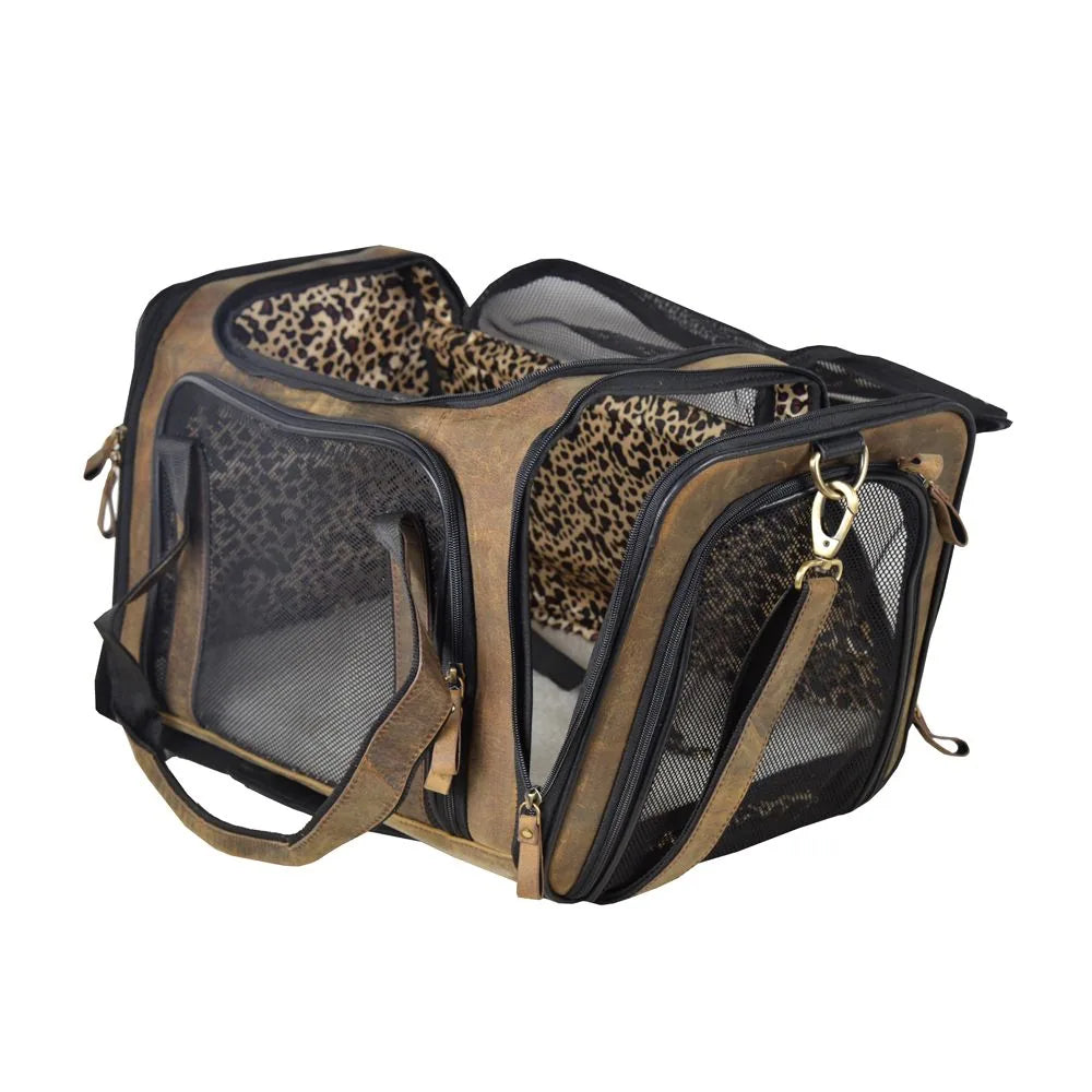 Odin Leather Dog Bag in dark brown and black with leopard print interior and mesh sides for pet visibility.