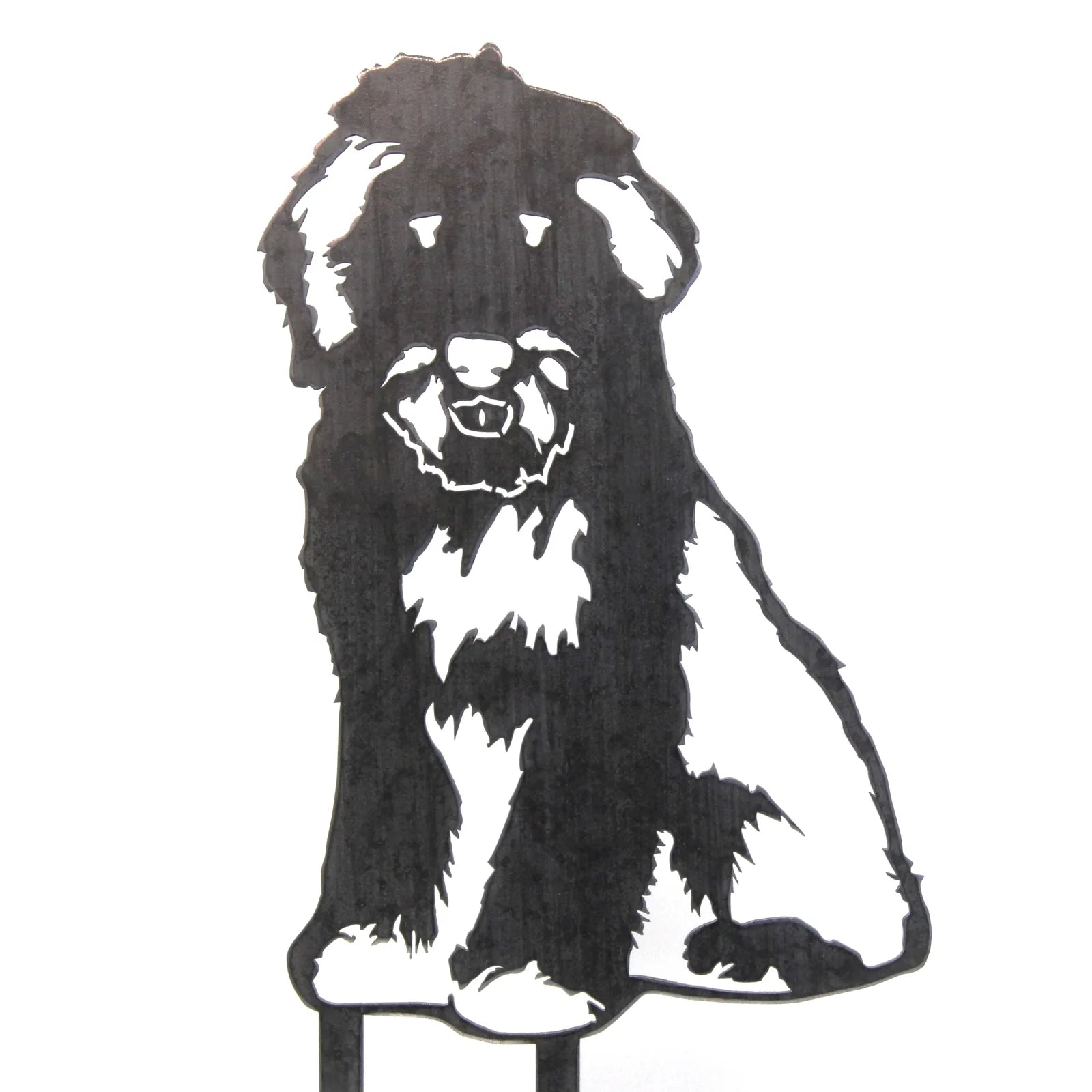 Old English Sheepdog silhouette in black metal, showcasing detailed fur texture and a seated pose. Ideal for outdoor decor.