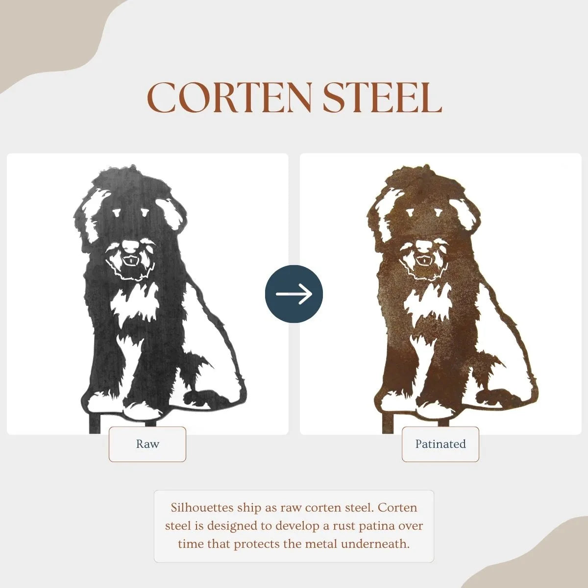 Old English Sheepdog silhouette in raw steel, showcasing its design before developing a rust patina over time.