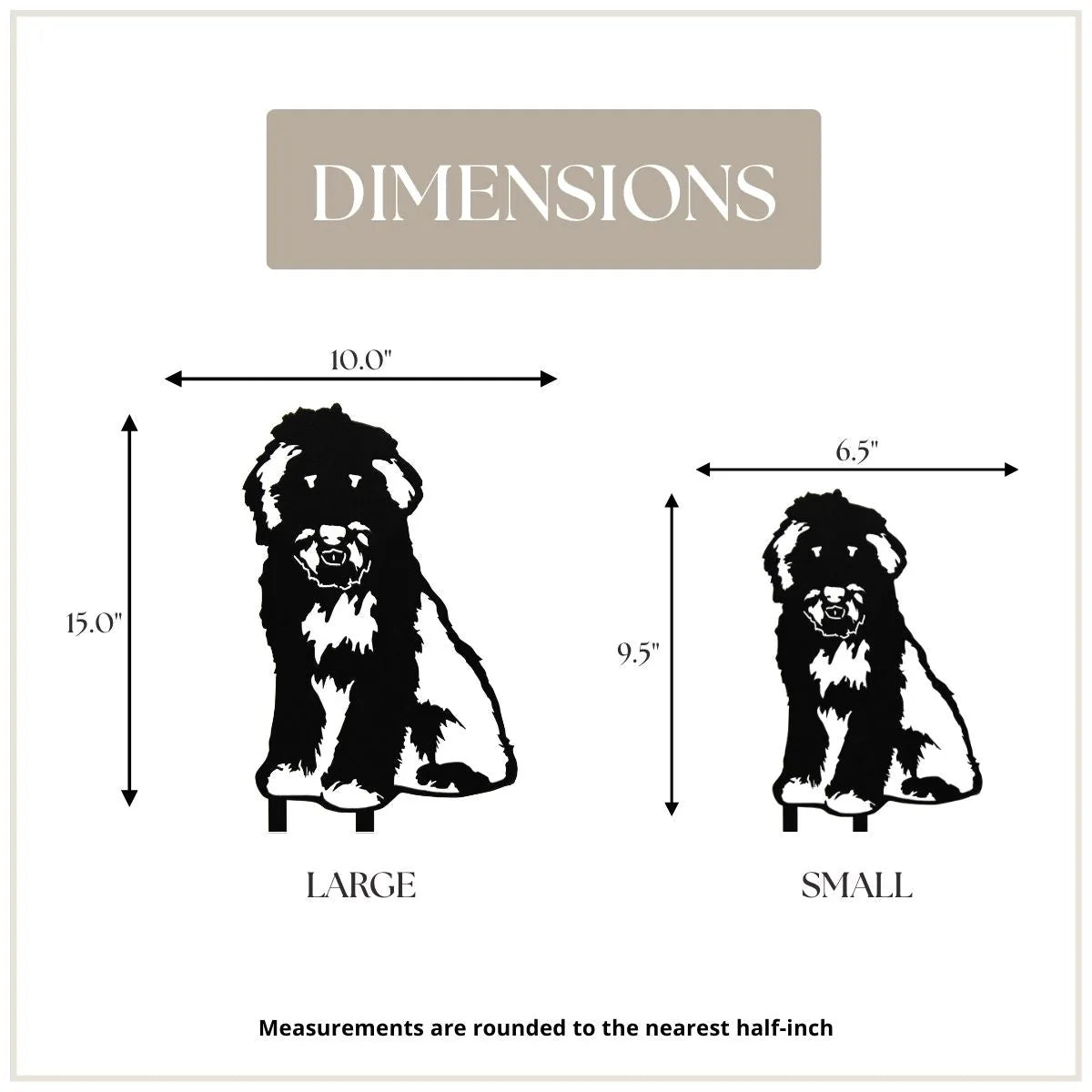 Black metal silhouette of an Old English Sheepdog, showcasing dimensions for large (15") and small (9.5") sizes.