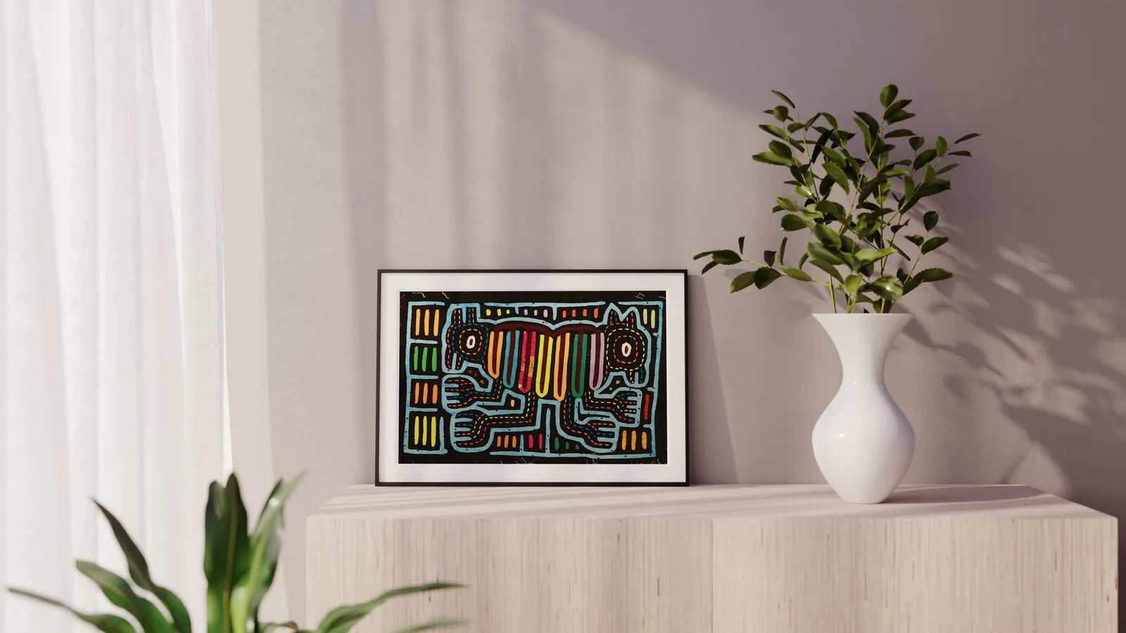 Hand-stitched black tapestry featuring an optical illusion of two colorful dogs against a vibrant background.