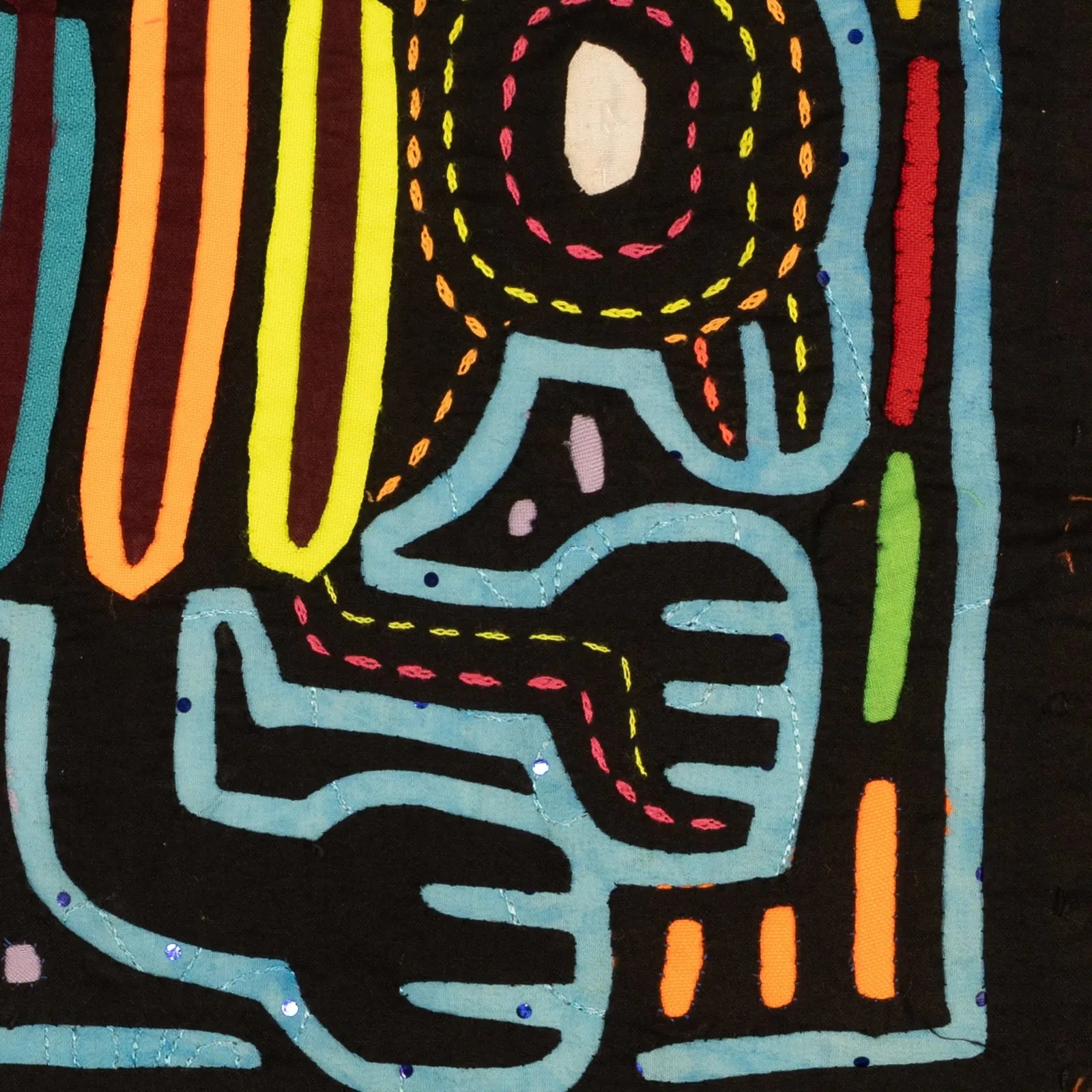 Intricate hand-stitched Mola tapestry featuring vibrant colors and geometric patterns on a dark background.