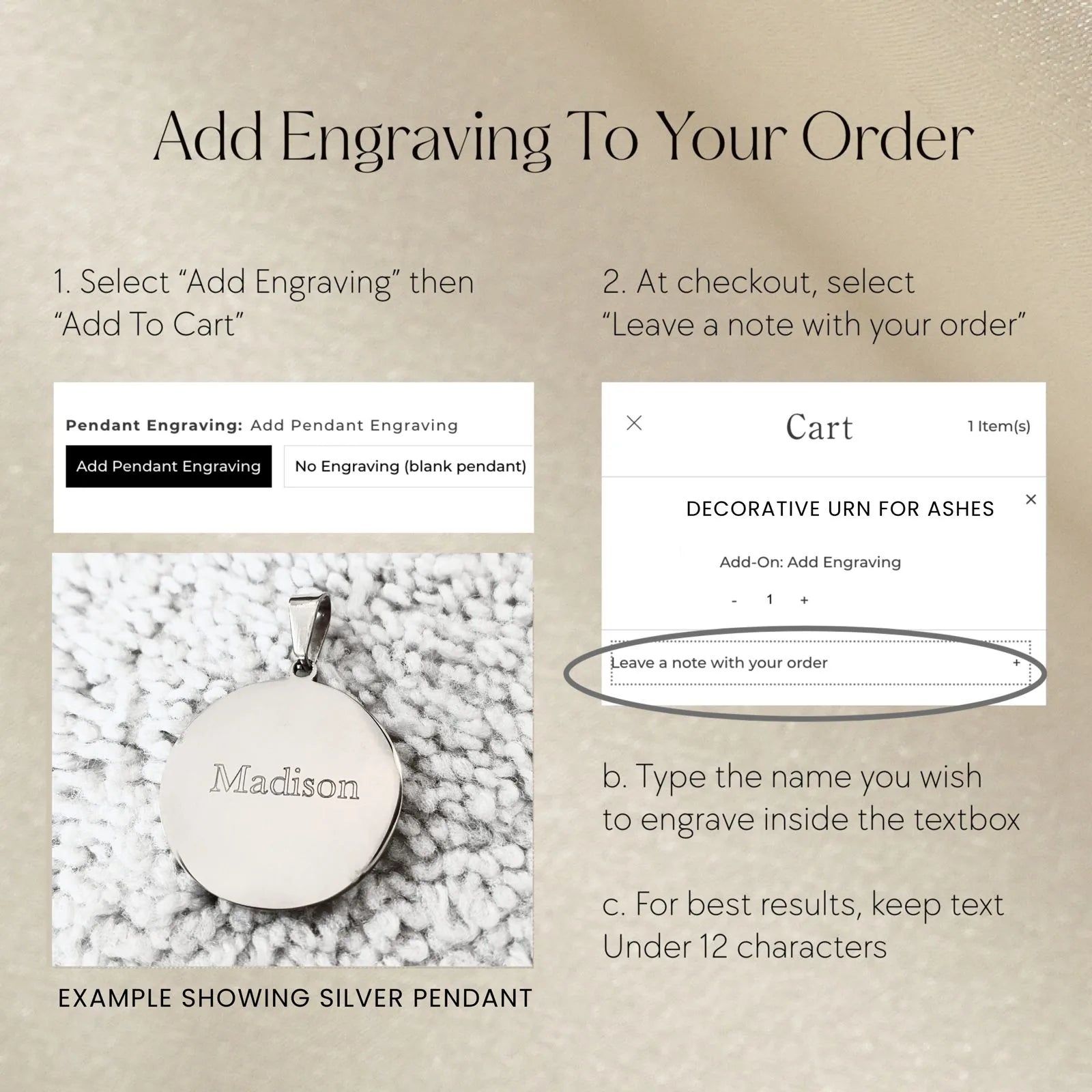 Silver pendant engraved with "Madison" displayed on a soft, textured background with instructions for adding engraving.