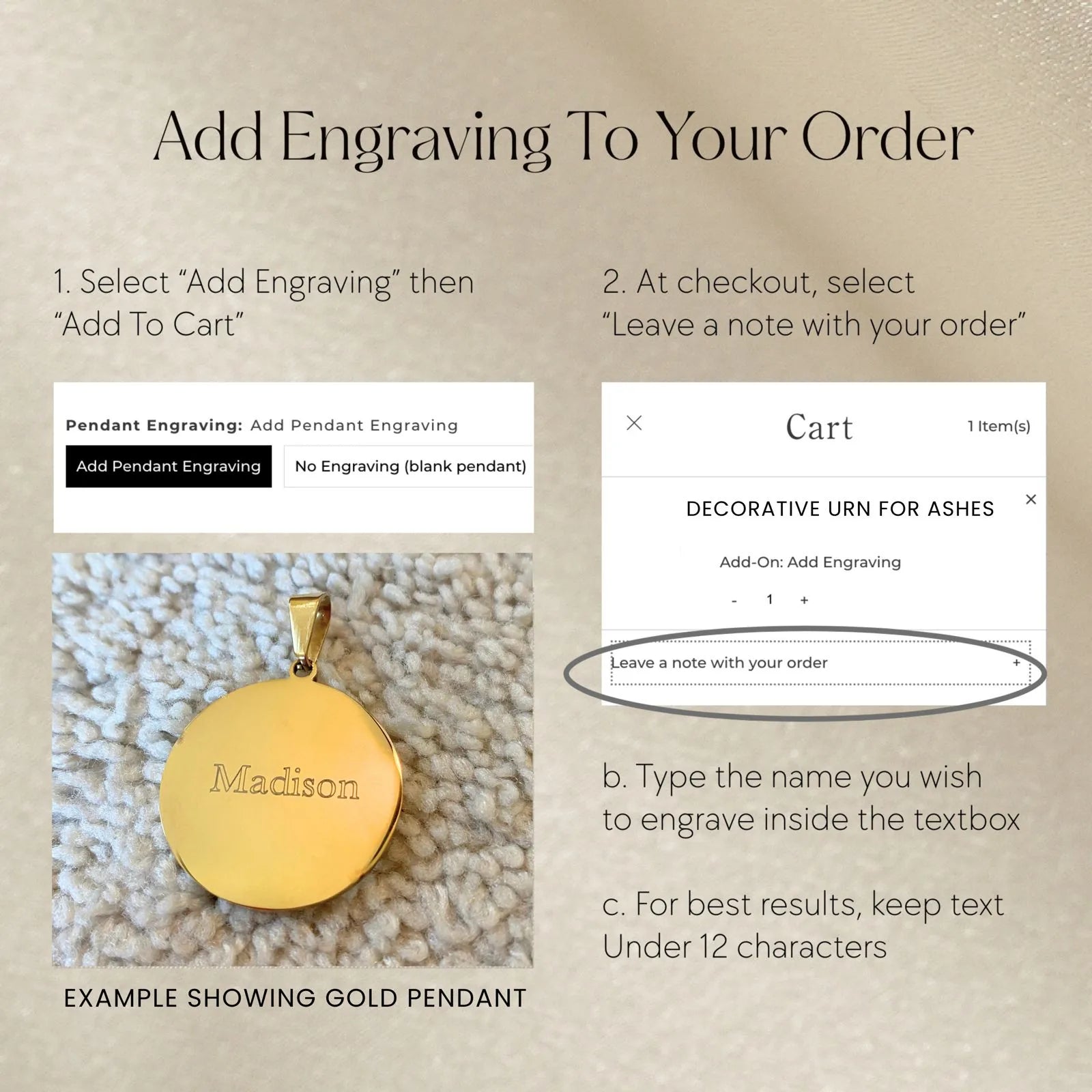 Gold pendant with the name "Madison" engraved, displayed on a soft, textured surface with instructions for adding engraving.
