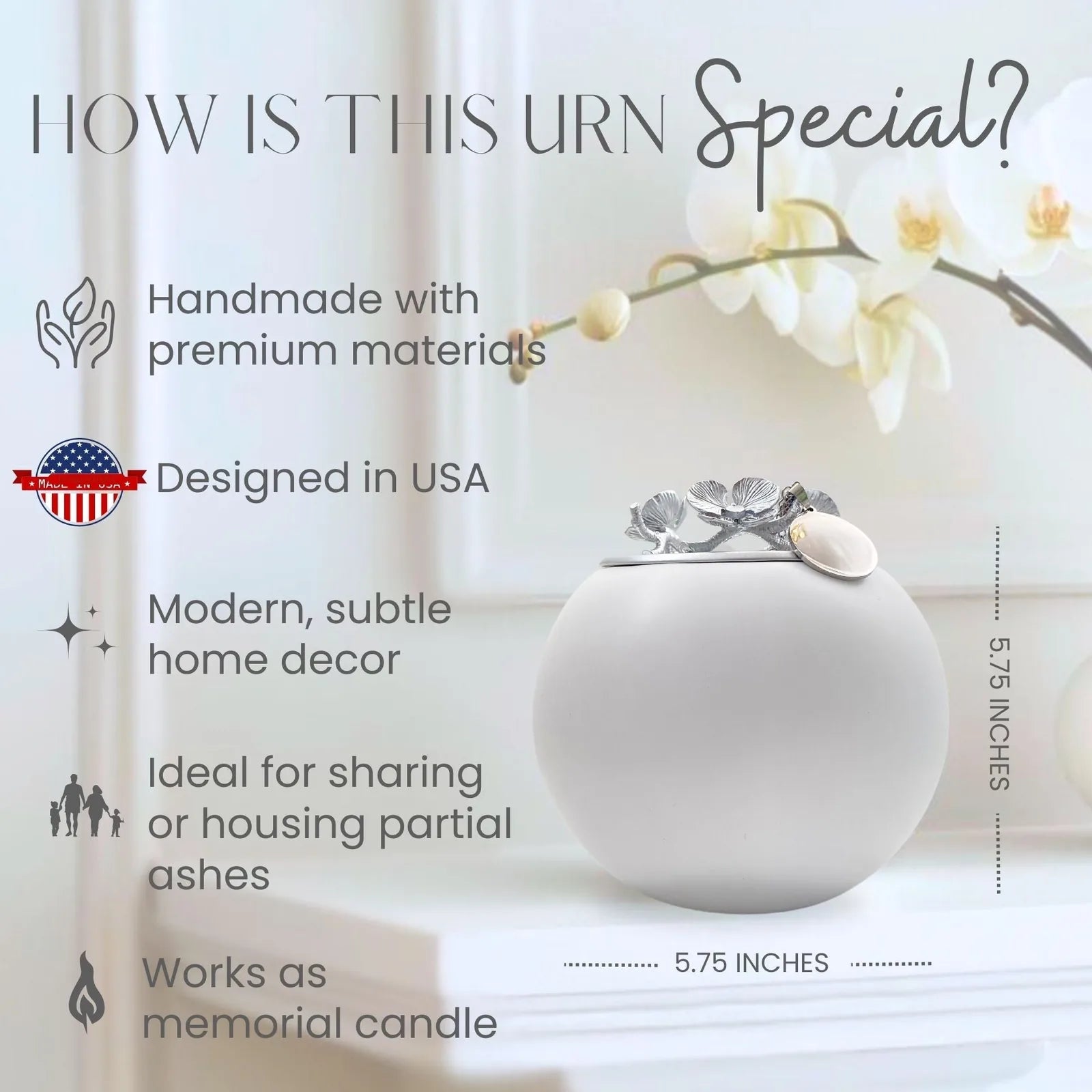 Handmade white ceramic urn with silver floral detail, measuring 5.75 inches, ideal for pet ashes and memorial decor.