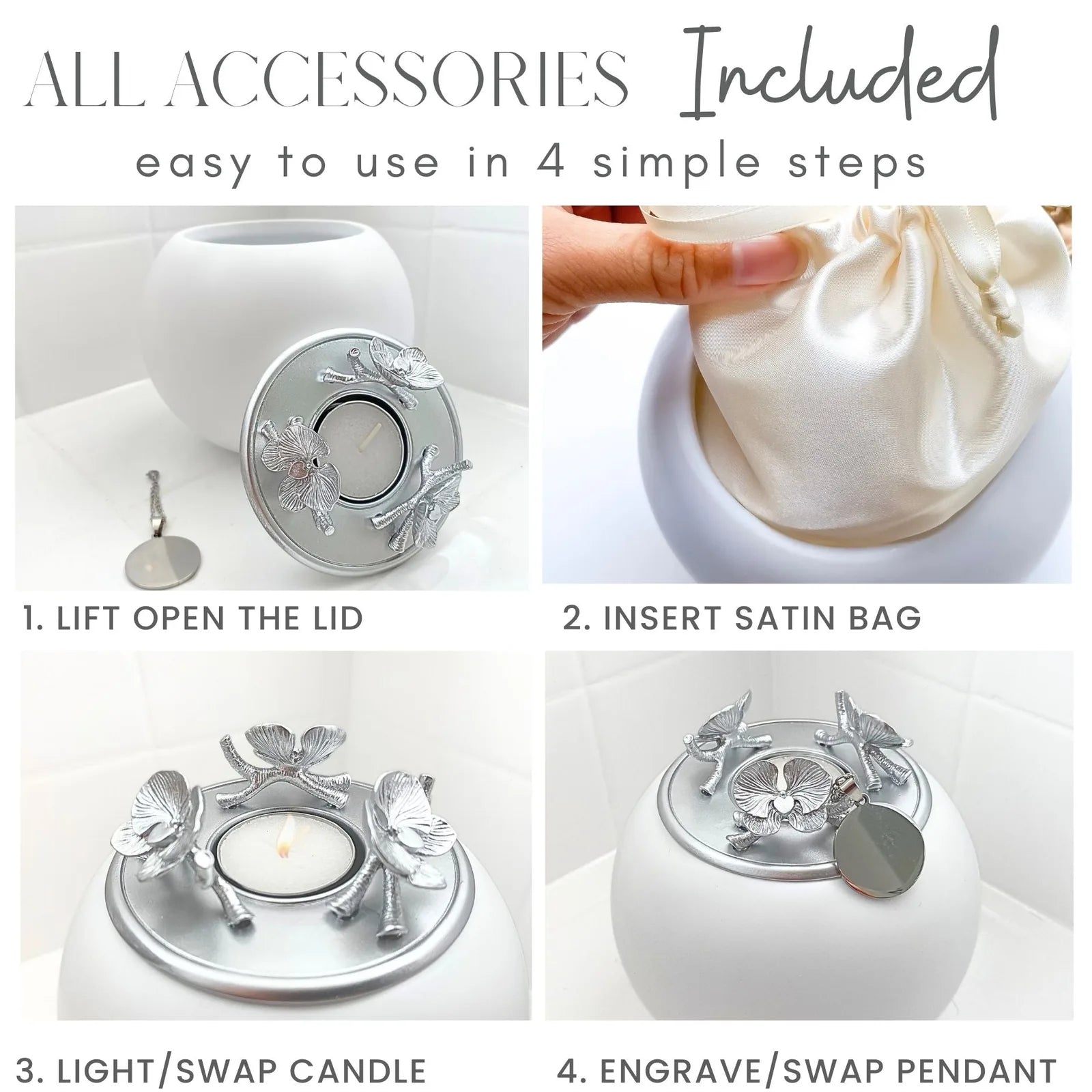Handmade white orchid urn with a silver floral lid for pet ashes and included accessories, showcasing a modern tribute des...