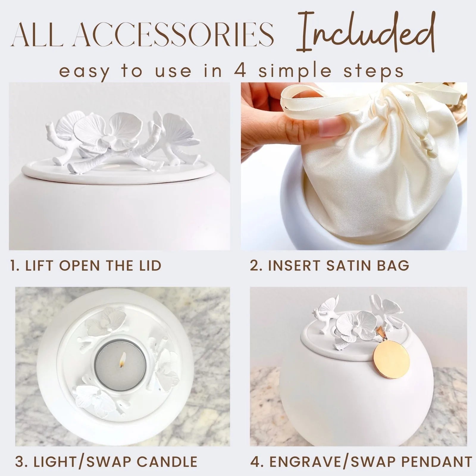 Handmade white orchid urn with a decorative lid, featuring a satin bag for ashes and candle holder.