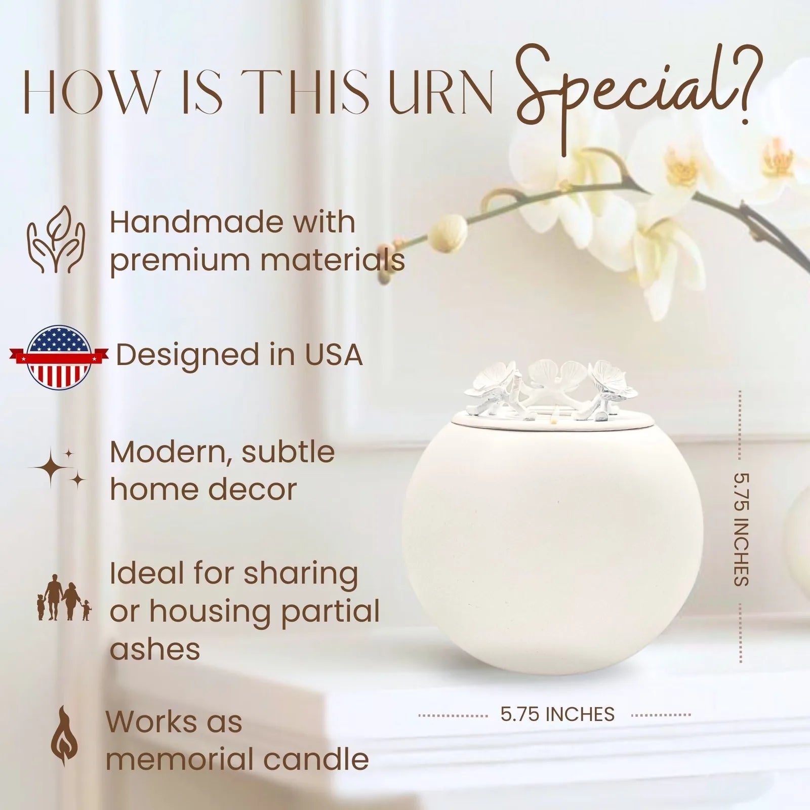 Handmade white orchid urn for pet ashes, featuring a floral lid design and modern round shape, standing 5.75 inches tall.