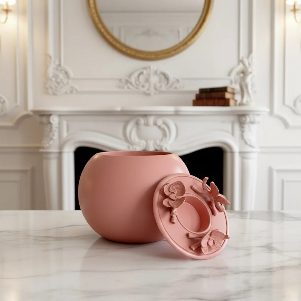 Handmade coral orchid urn for dog ashes featuring a floral design, set against an elegant interior backdrop.