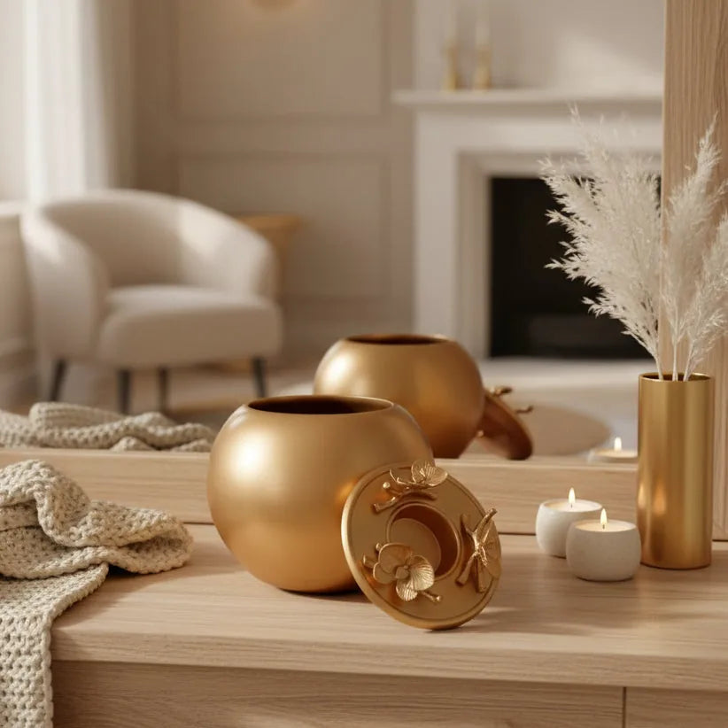 Handmade gold Orchid Urn with floral lid design, reflecting elegance for pet ashes, displayed on a wooden surface.