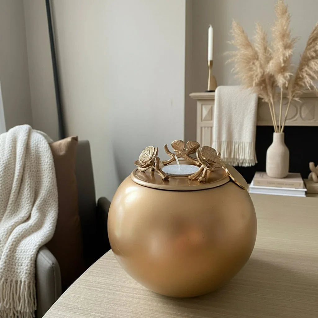 Handmade gold orchid urn for dog ashes, featuring a detailed floral design on the lid, elegantly placed on a table.