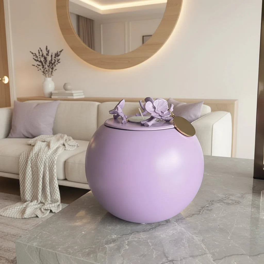 Lavender orchid urn for pet ashes on a marble table, featuring a smooth, round design and intricate floral details.