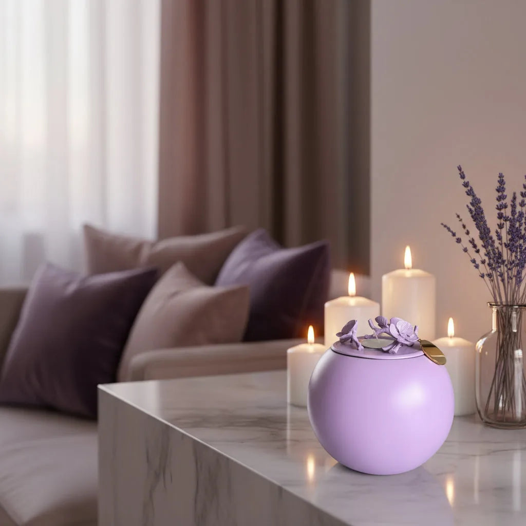 Lavender orchid urn on a marble surface, surrounded by candles and soft pillows, honoring pet memories elegantly.