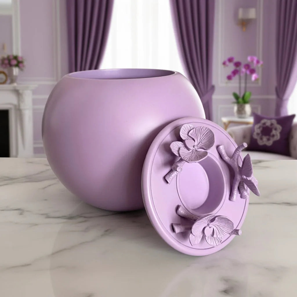 Lavender handmade orchid urn with a decorative lid, perfect for honoring your pet's memory in a stylish manner.