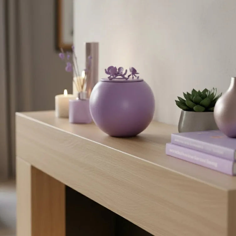 Lavender handmade orchid urn for dog ashes displayed on a wooden shelf with candles and plants.