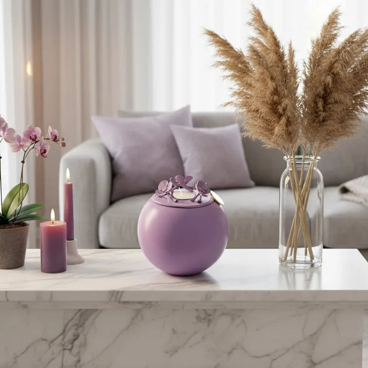 Lavender orchid urn for dog ashes, featuring a smooth finish and floral design, set in a serene home environment.